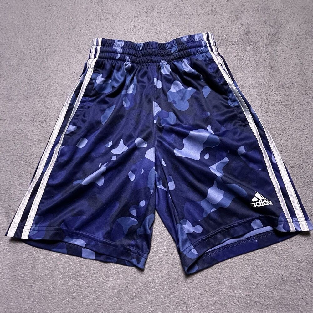 ADIDAS Athletic Shorts Youth S Blue Camo 3-Stripe Activewear Gym Streetwear